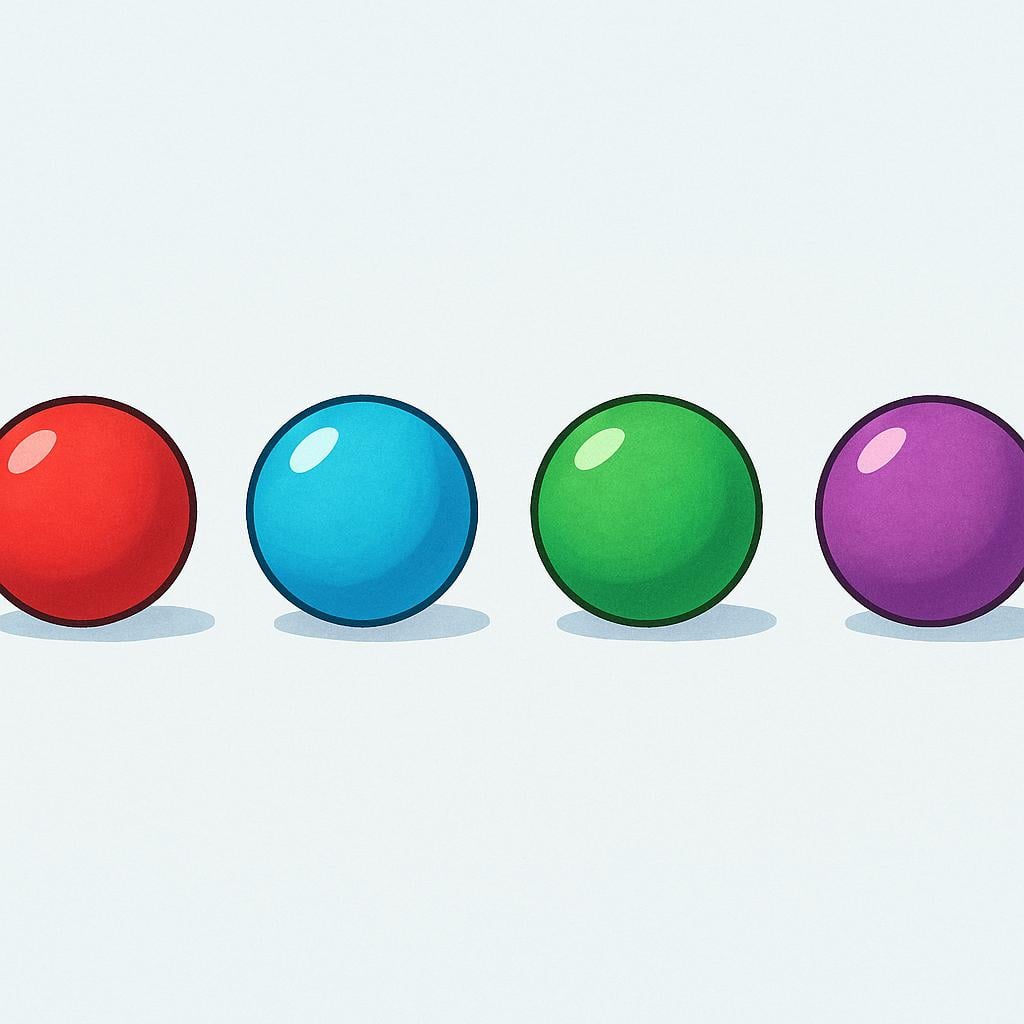 A storybook illustration showing four brightly colored balls in a row: red, blue, green, and yellow. The yellow ball is at the very end of the line, clearly marking the last item.