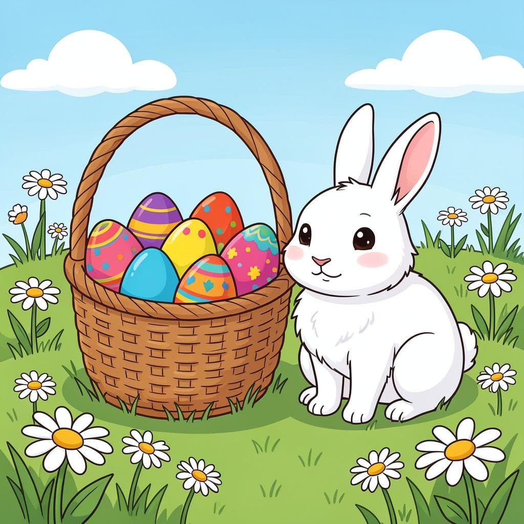 Un panier coloré rempli d'œufs décorés et un petit lapin blanc assis dans une prairie verte avec des fleurs printanières.