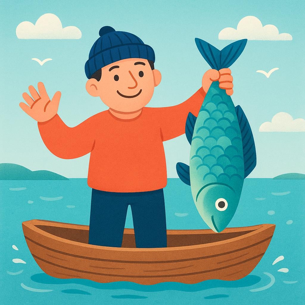 A happy fisherman standing in a small boat, proudly holding a large fish he has successfully caught, representing a completed action of capturing.