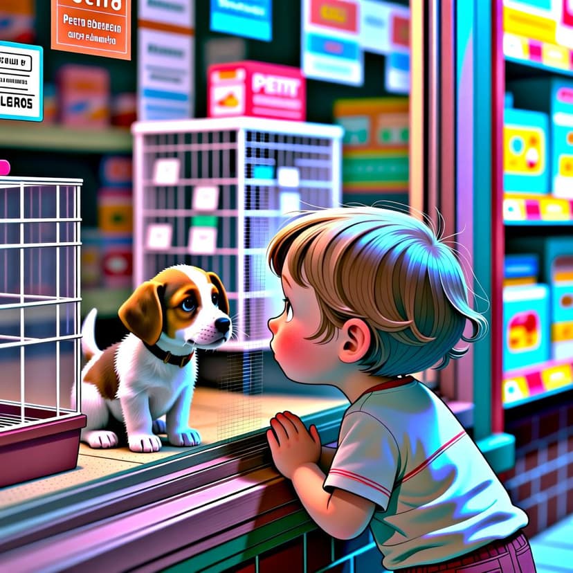 A child wistfully looking at a puppy in a pet store window, illustrating a past desire.