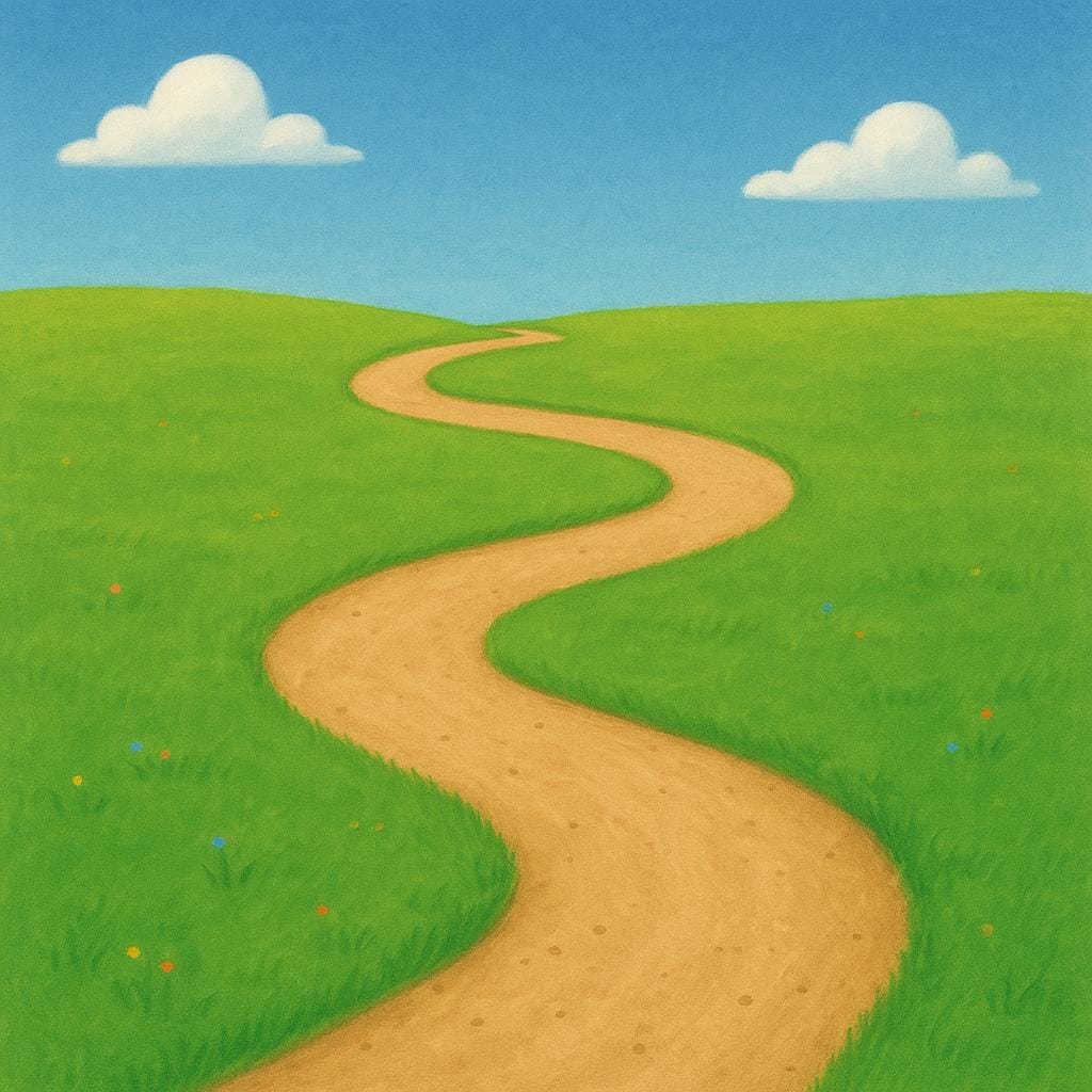 A winding, smooth S-shaped path made of dirt crossing a grassy field.