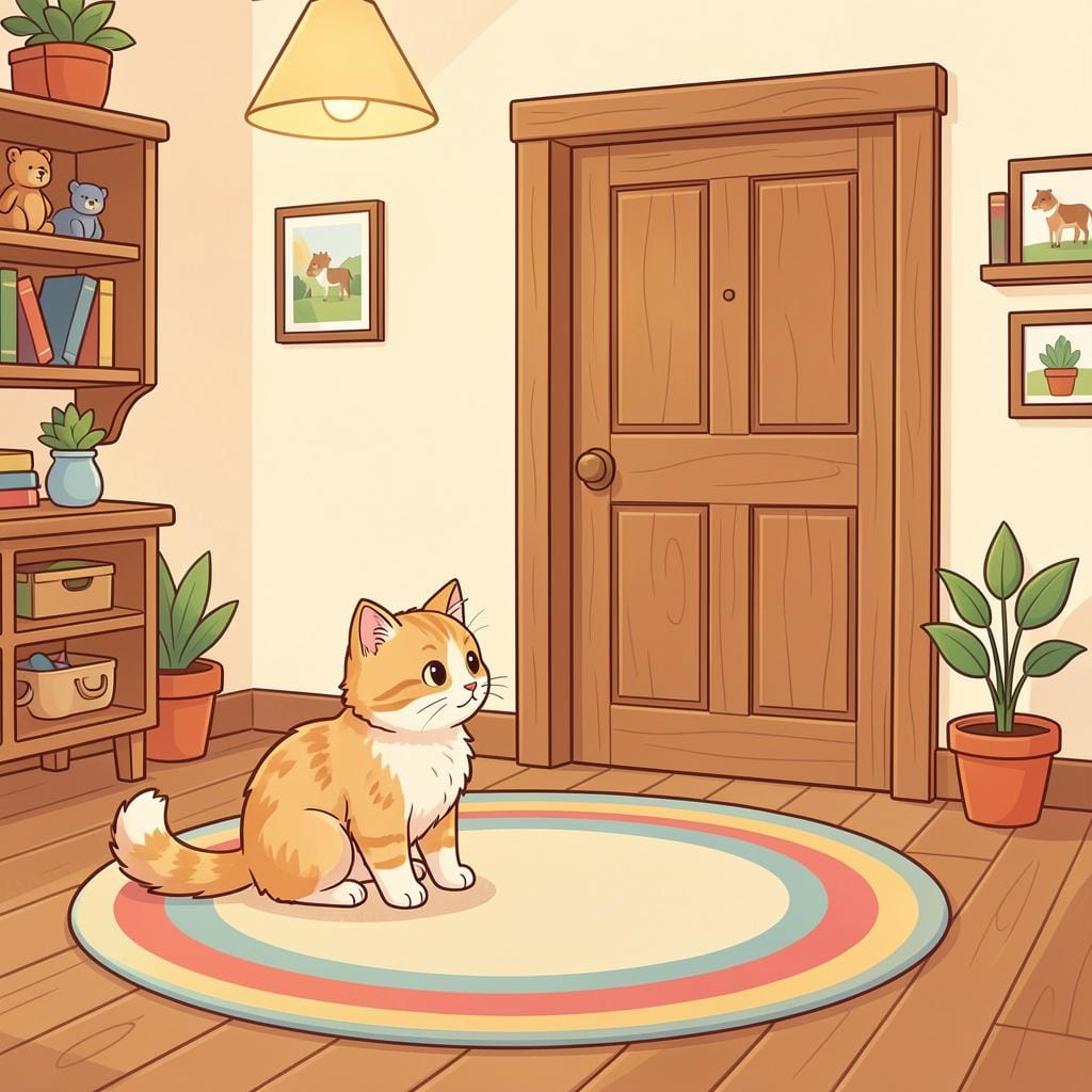 A sad cat sitting on a rug inside a cozy room with a closed wooden door.