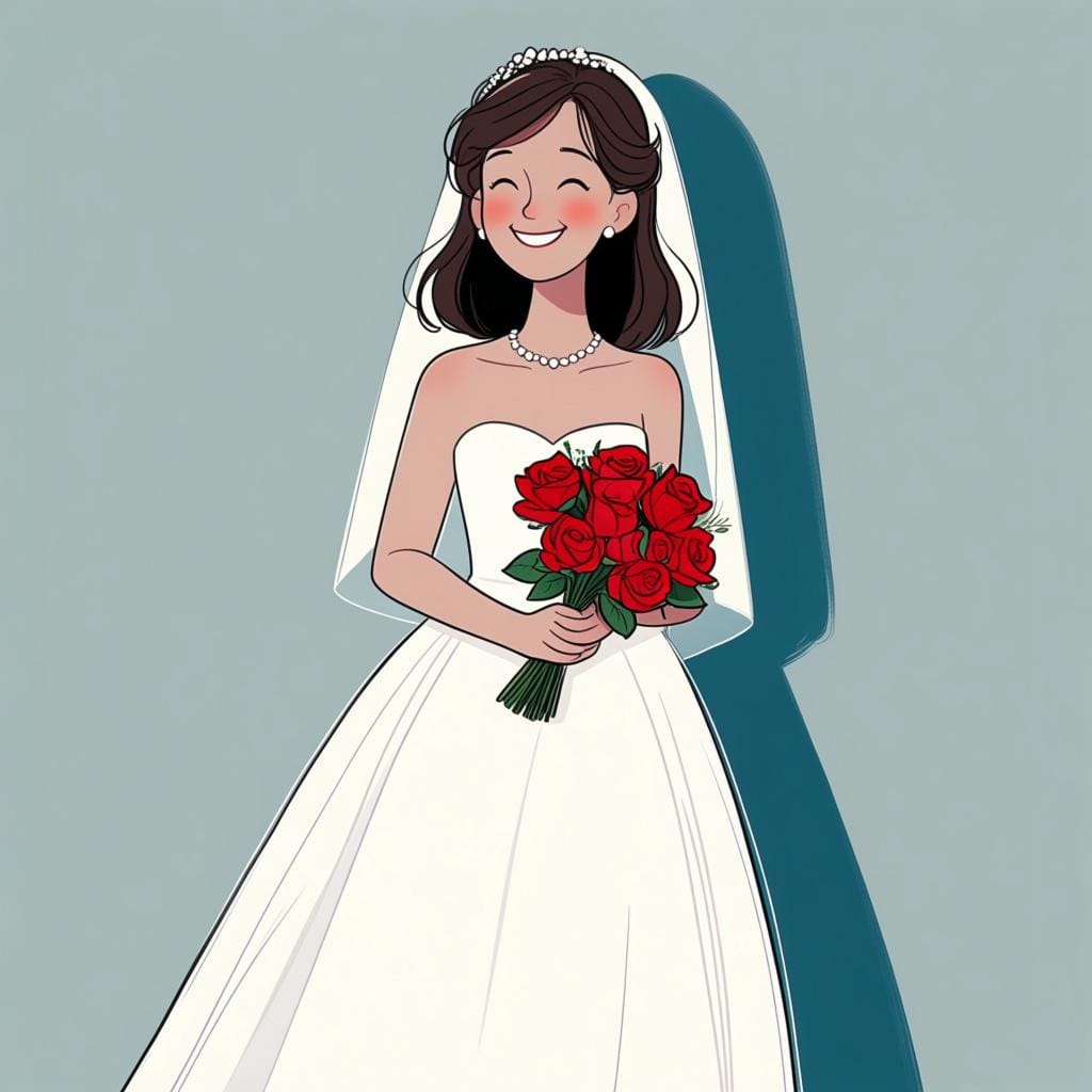 A simple illustration of a woman wearing a long white wedding dress and holding a floral bouquet, representing a bride.