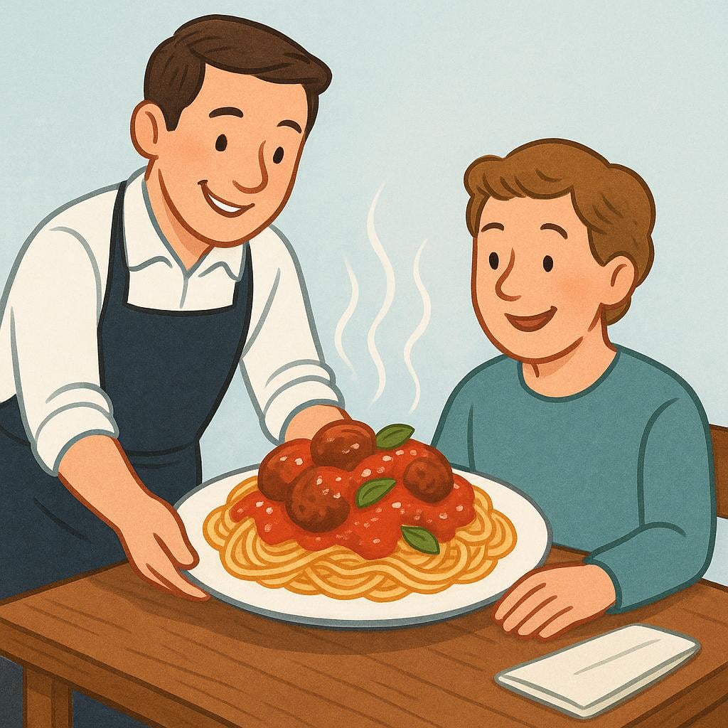A waiter placing a large, steaming plate of spaghetti and meatballs in front of a smiling customer seated at a table.