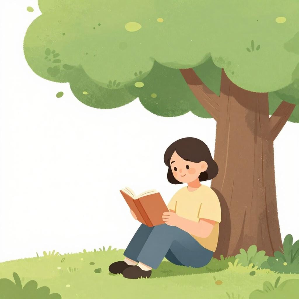 A calm person sitting under a tree, reading a book with a peaceful expression.