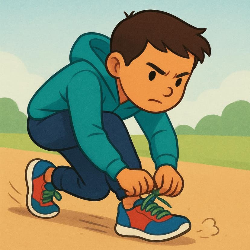A person tying their shoelaces very quickly to get ready to run.