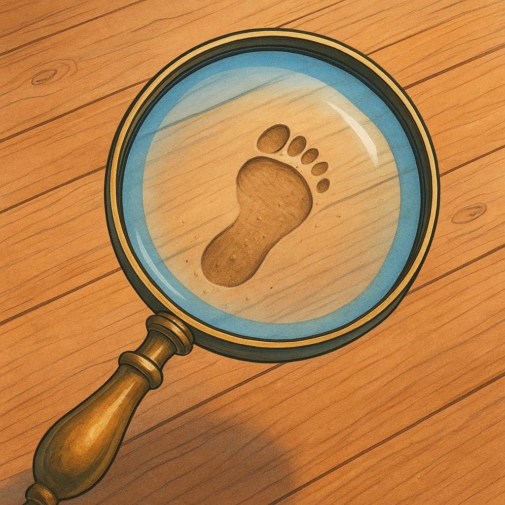 A magnifying glass hovering over a distinct, muddy footprint on a wooden floor, representing a clue.
