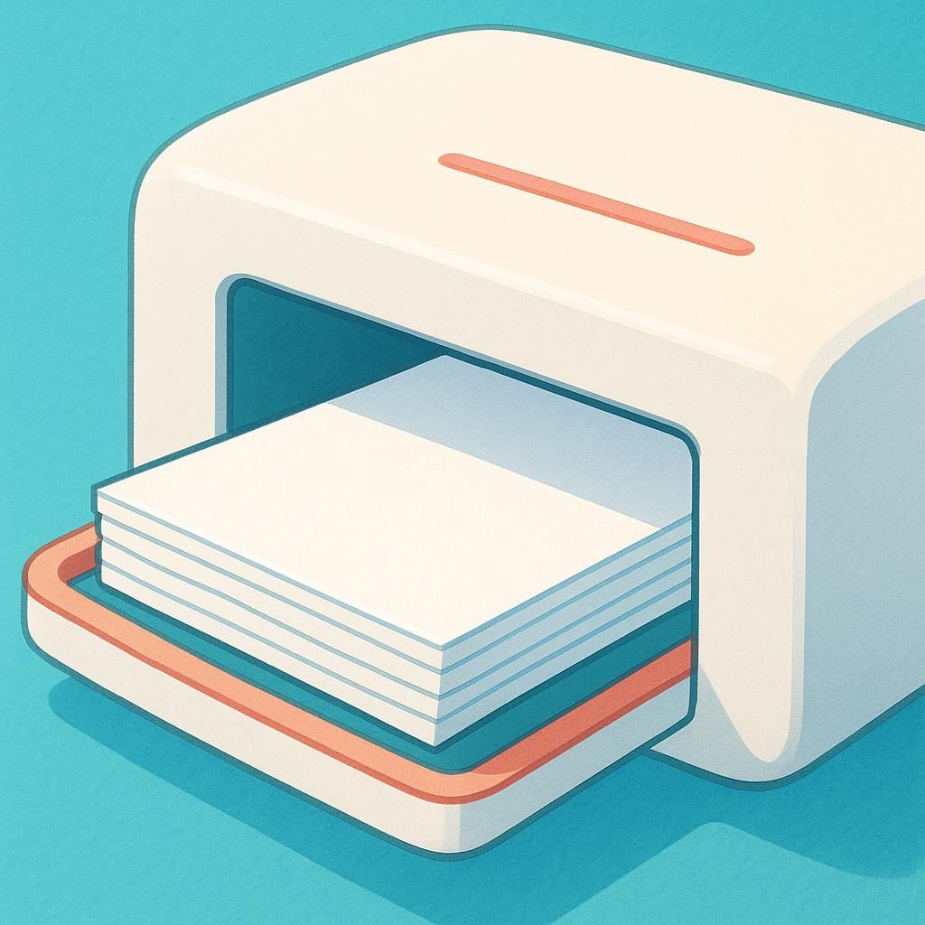 The open paper input compartment of a generic office machine, clearly holding a stack of white paper.