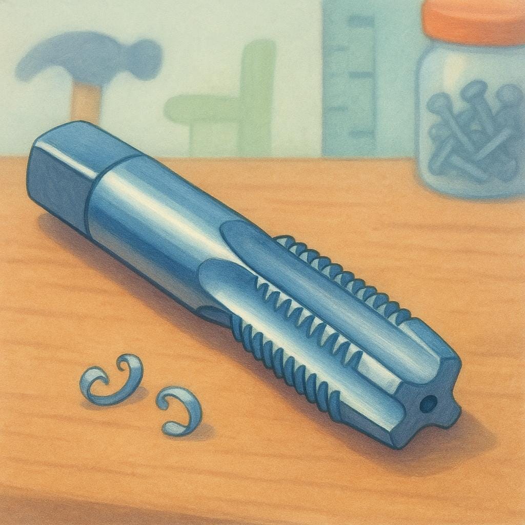 A metal tap tool used for cutting internal screw threads resting on a workbench.