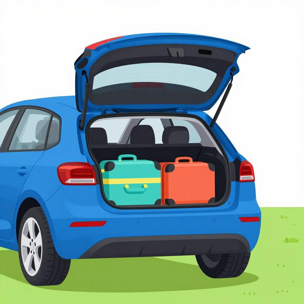 The open storage area at the back of a blue car.