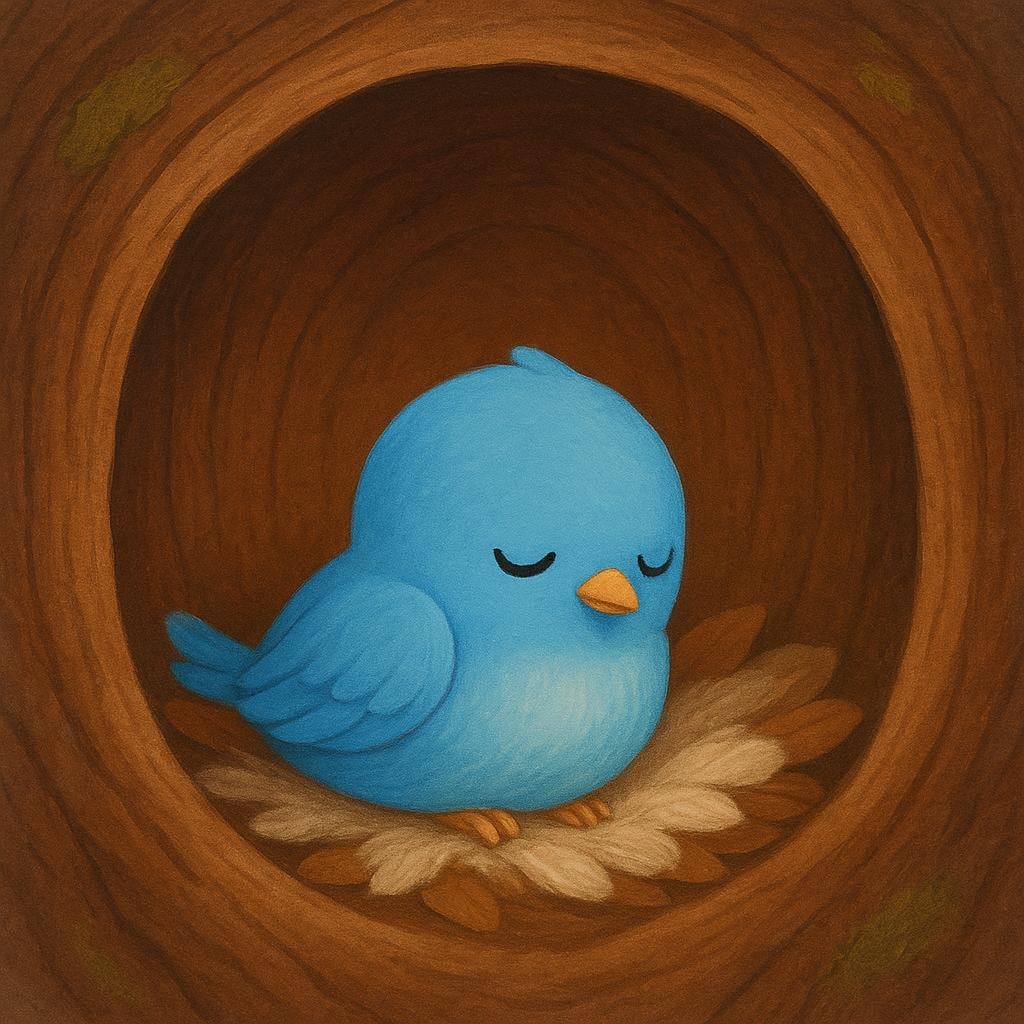 A small blue bird is nestled securely inside the hollow of a large, warm-looking tree trunk, illustrating a safe place or refuge.