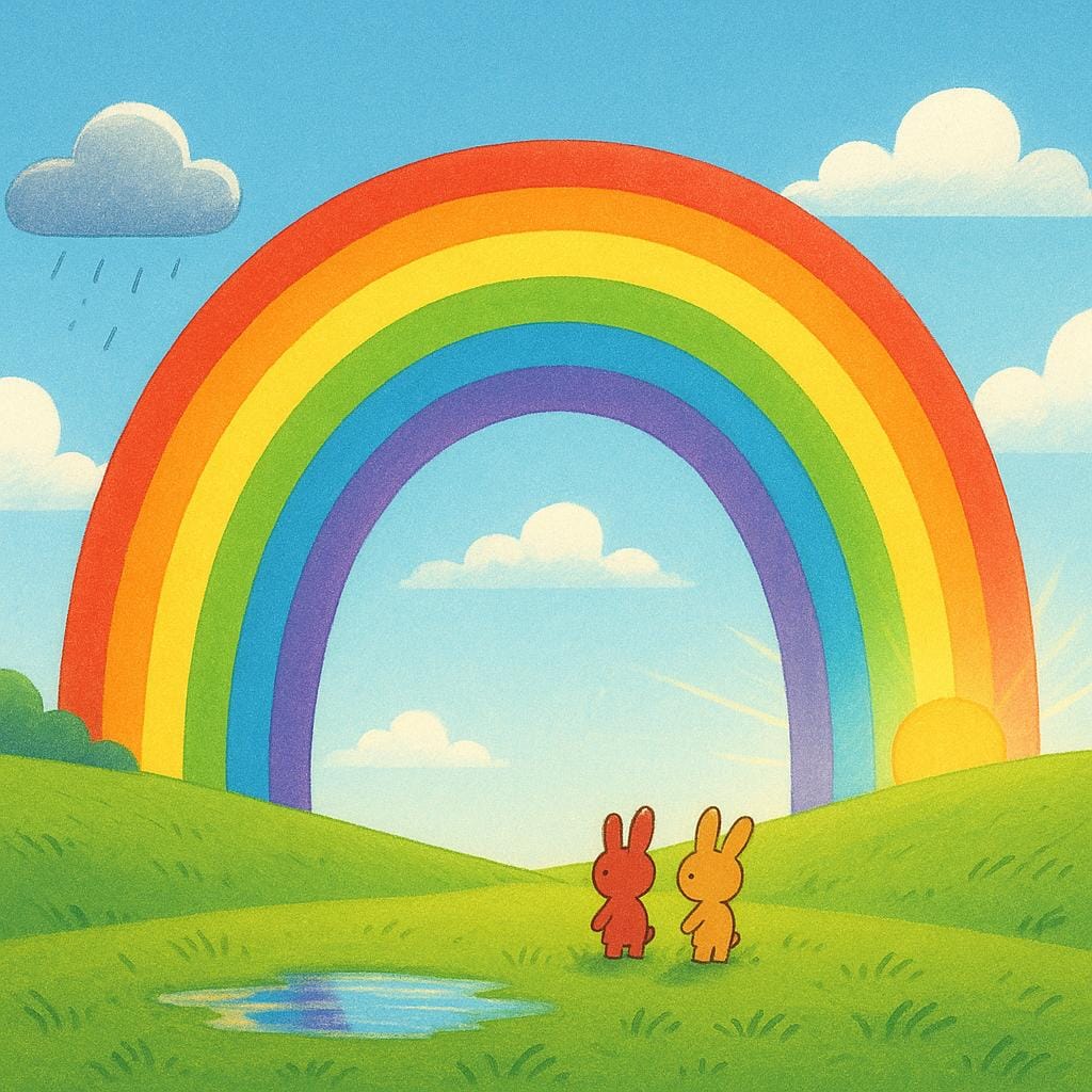 A colorful rainbow spontaneously appearing in a bright blue sky over a green landscape, symbolizing an event that is happening or occurring.