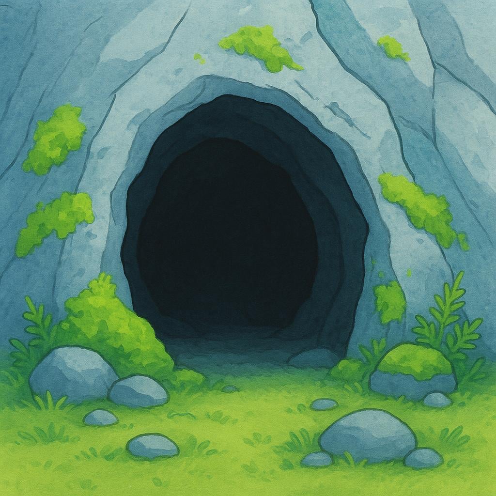 A high-quality illustration of a dark, deep cave entrance surrounded by rugged gray rock and green moss.