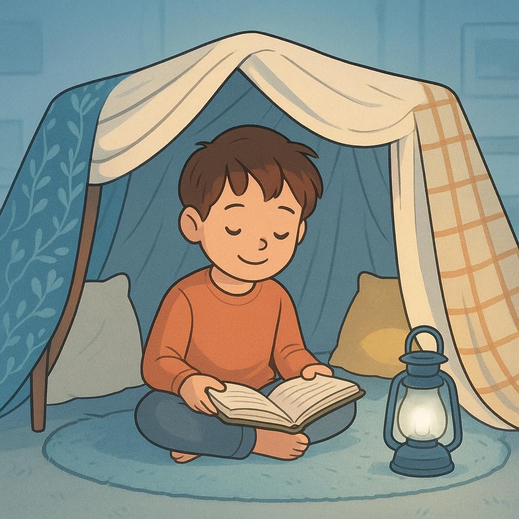 A peaceful scene showing a child sitting cross-legged inside a cozy blanket fort, reading a book by the light of a small, soft lantern. The child is completely undisturbed.