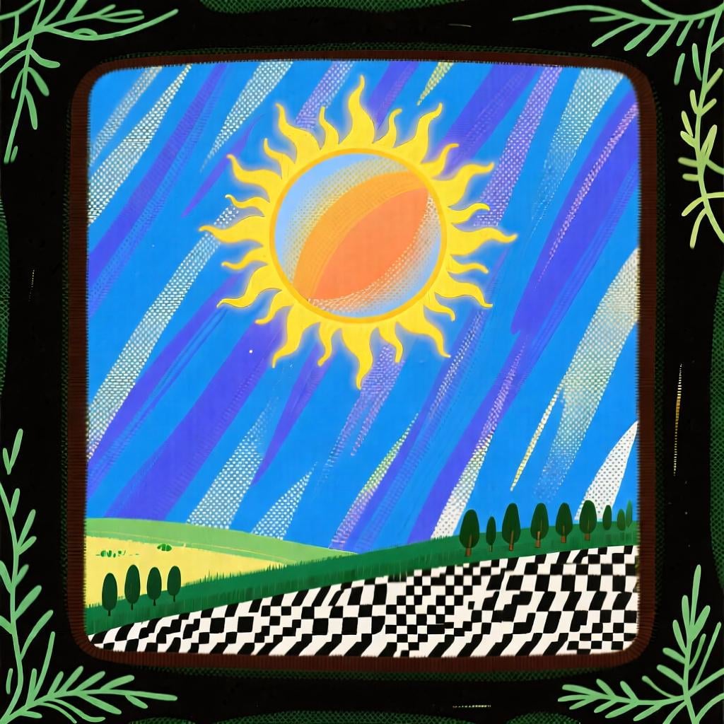 A bright sun shining in a blue sky over a green field.