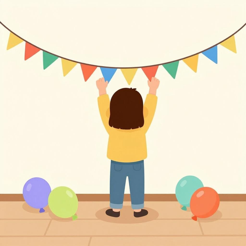 A colorful living room being decorated with bright party banners and balloons.