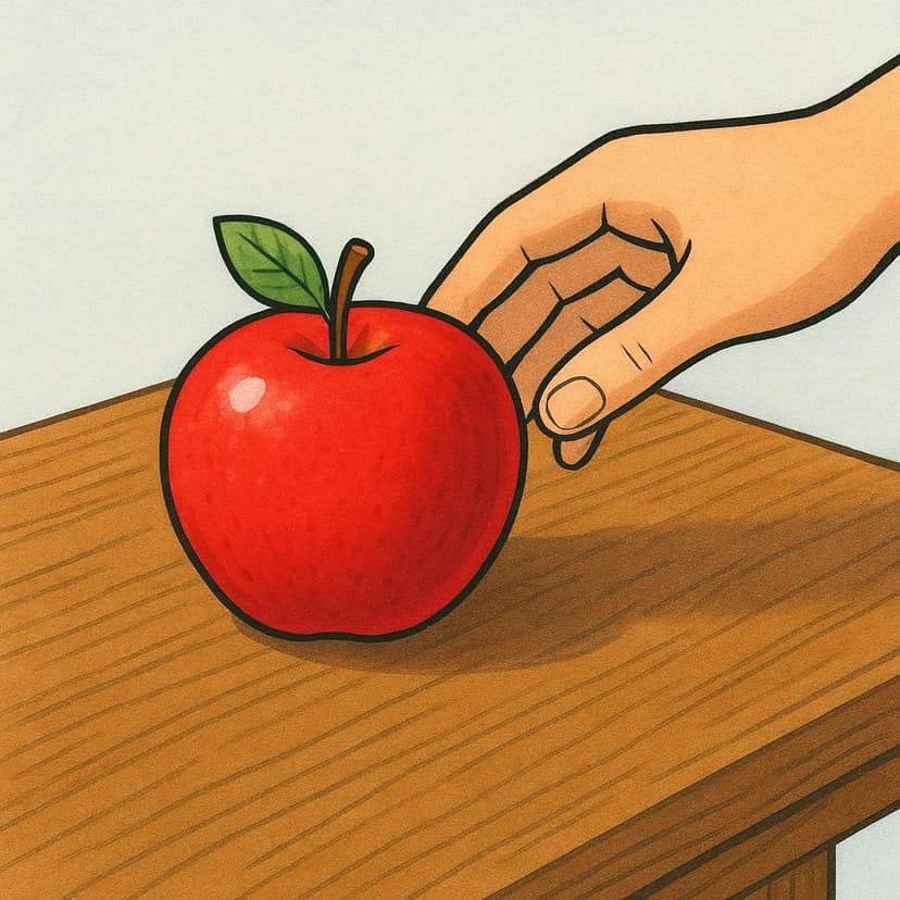 A person's hand gently placing a single red apple onto a simple wooden table.