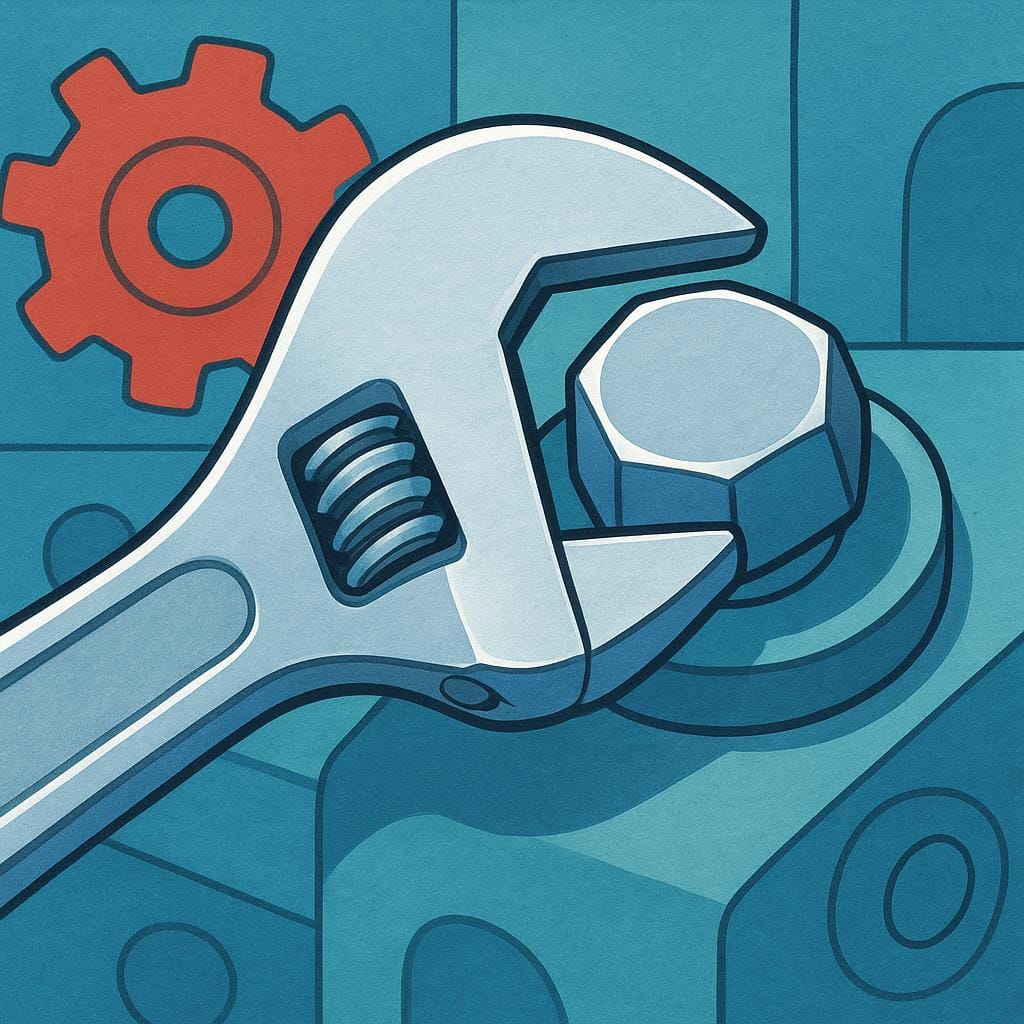 Une grande clé à molette saisissant fermement la tête d'un boulon hexagonal.