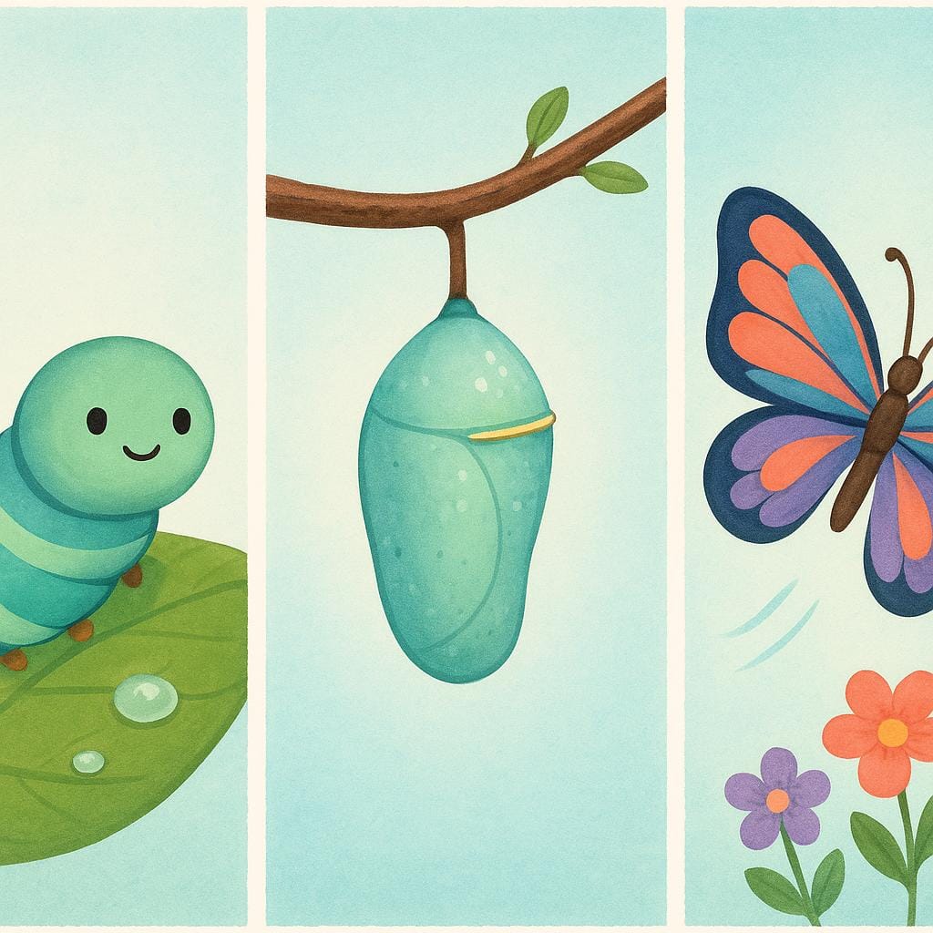 A sequence showing three distinct, sequential stages of a butterfly's development: a caterpillar, a chrysalis, and a fully grown butterfly.