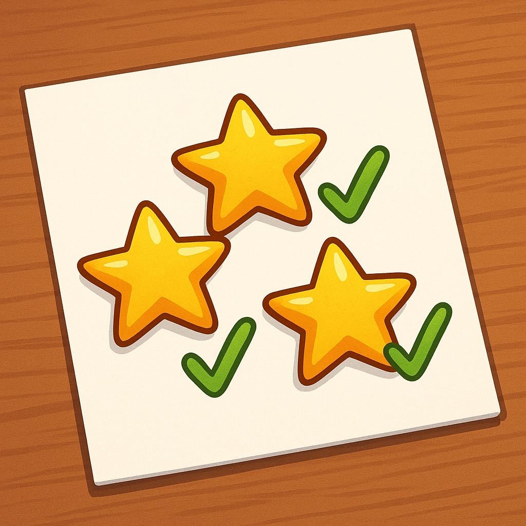A report card displaying three large gold stars and successful green checkmarks, signifying excellent grades.