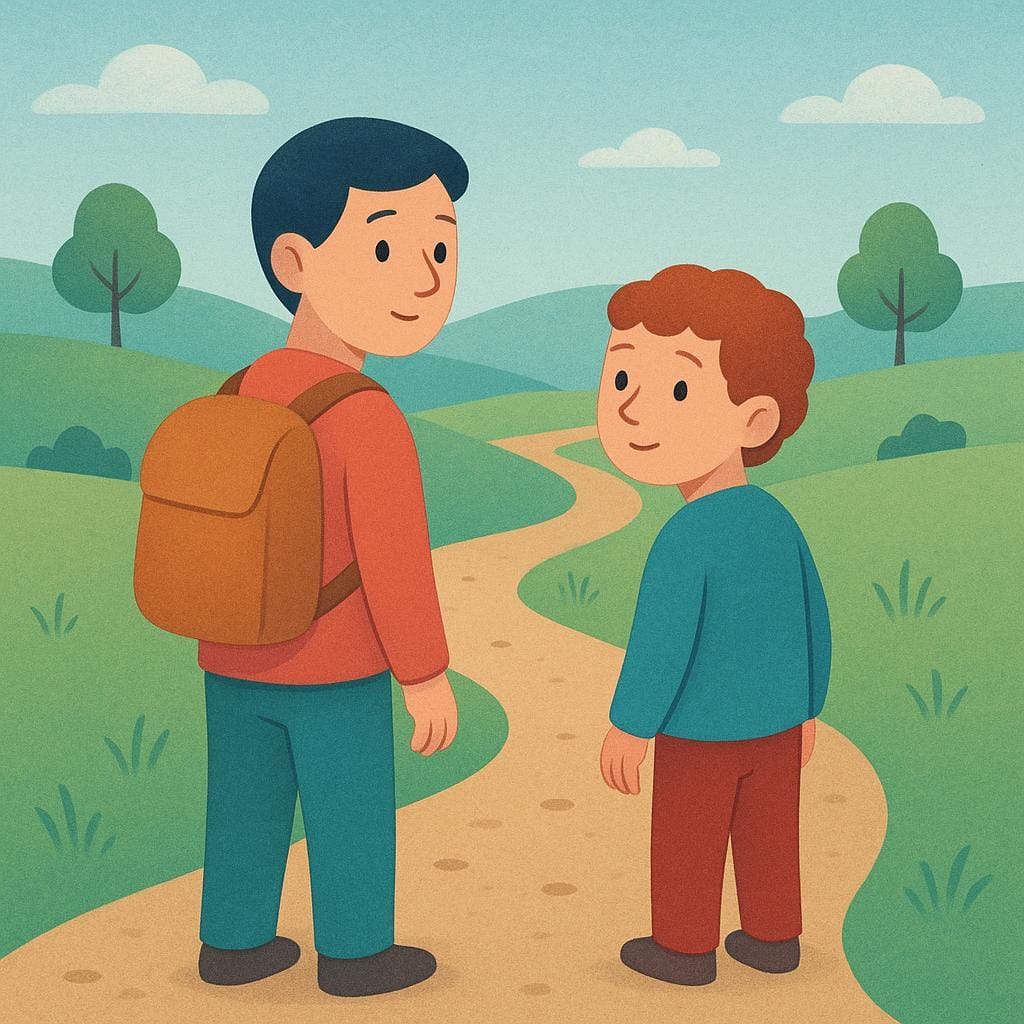 A colorful illustration showing two friends standing on a dirt path in a sunny landscape. They are turning their heads back, looking towards the direction they just walked from, suggesting a decision to return.