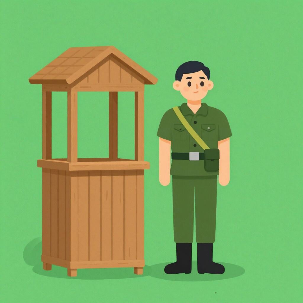 A guard standing perfectly still at a wooden guard post.