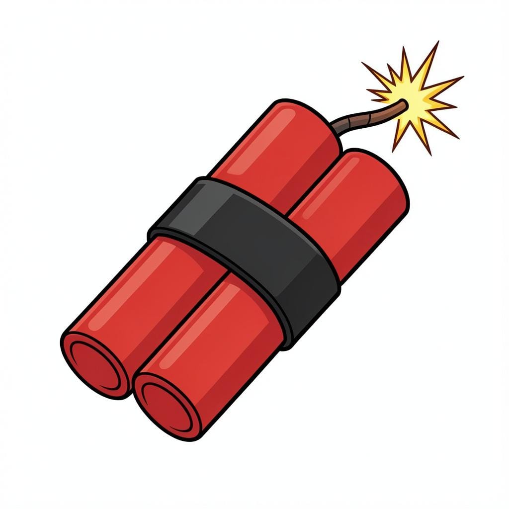 A bundle of red dynamite sticks with a lit fuse on a simple background.