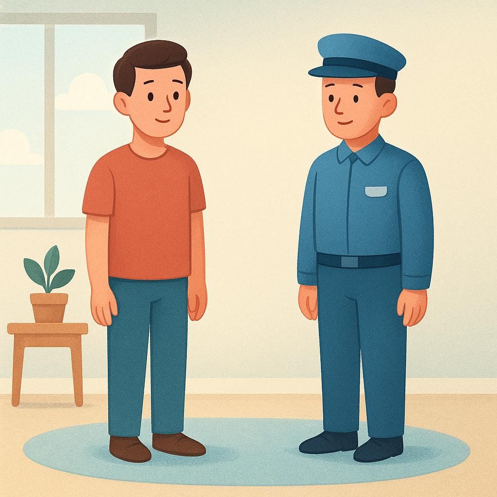 A young man standing still, accompanied by a figure in a uniform, illustrating a detainee.