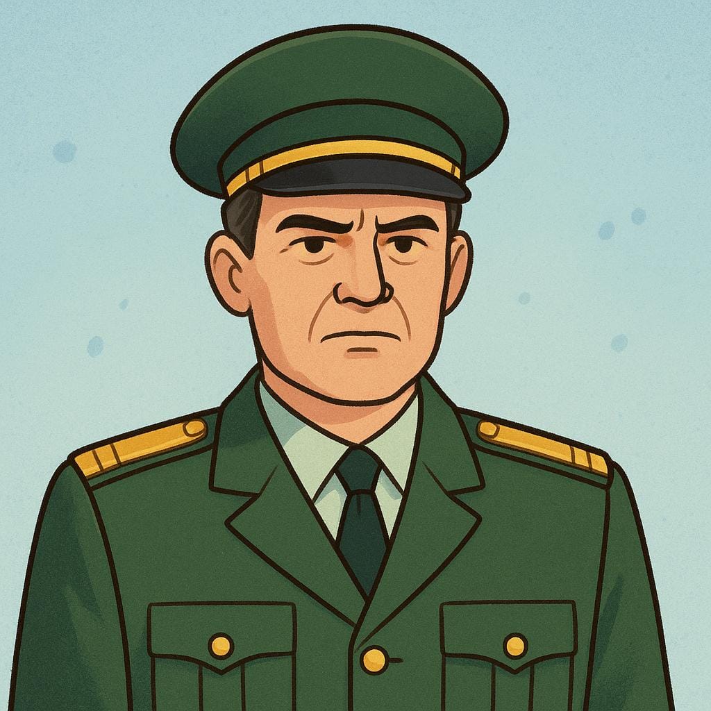 A storybook illustration of a high-ranking military officer, a man with a stern expression, wearing a formal green uniform with prominent gold shoulder insignia and a peaked cap.