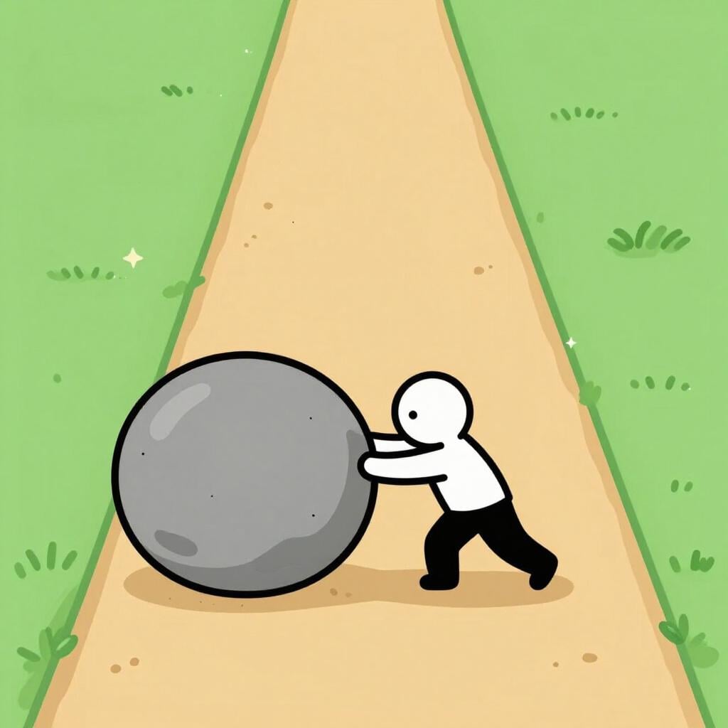 A small figure pushing a large, round gray stone off a narrow dirt path, signifying the removal of an obstacle.