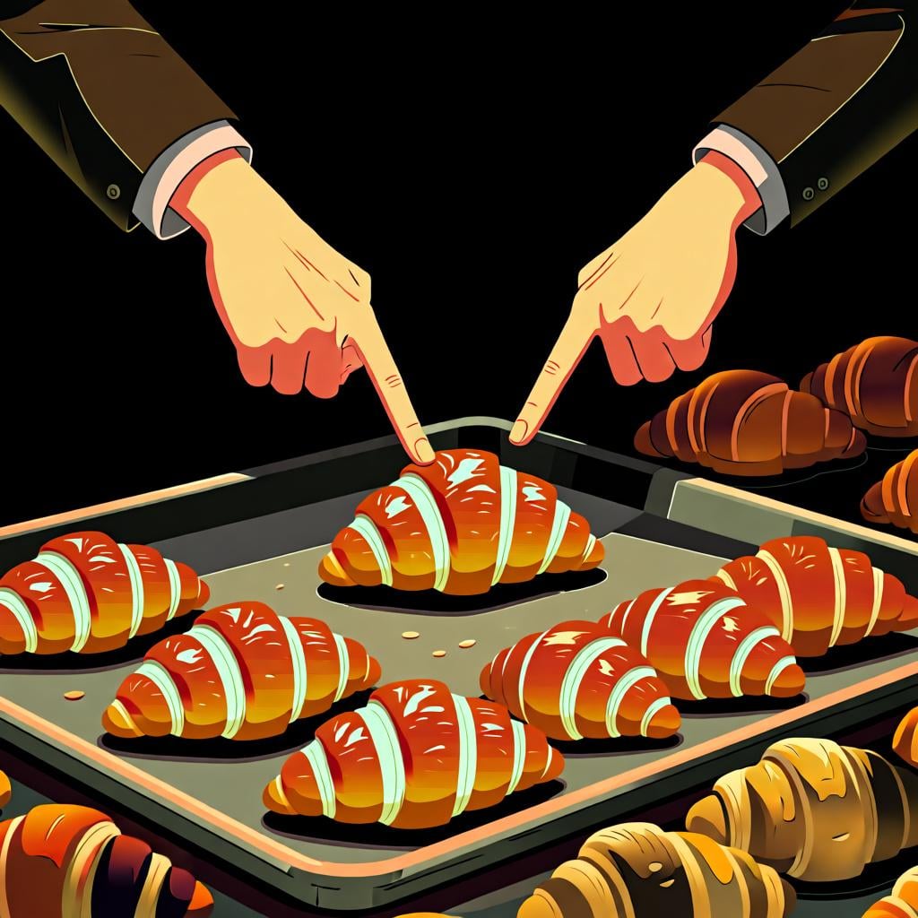 A person's hand pointing to one specific croissant on a bakery tray filled with many croissants, to signify 'this one'.