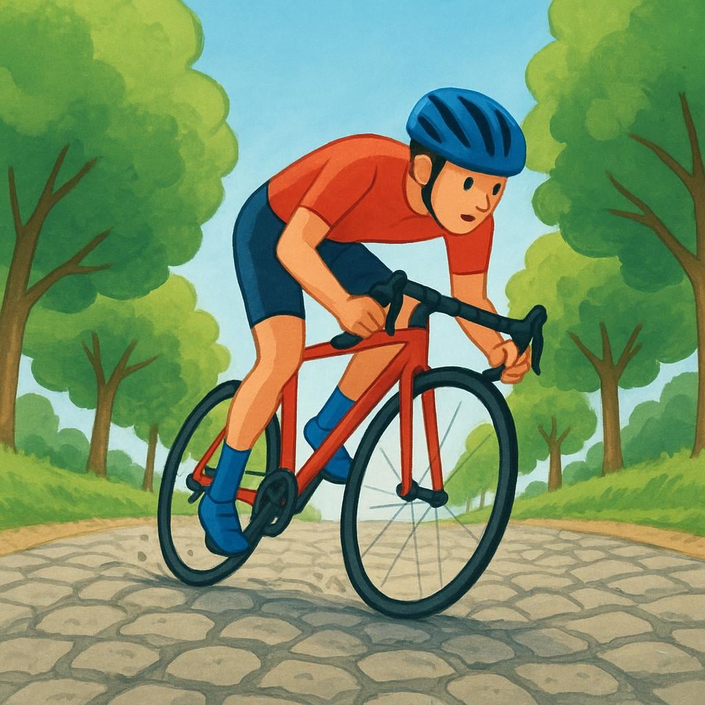 A cyclist wearing a colorful jersey riding a bicycle quickly down a cobblestone road.