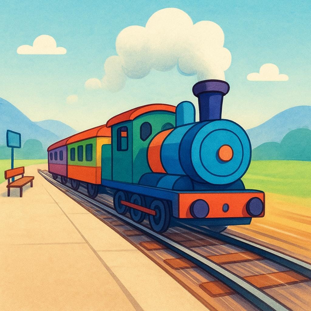 A bright red and yellow passenger train is actively moving away from a small, empty railway platform, emphasizing the act of leaving.