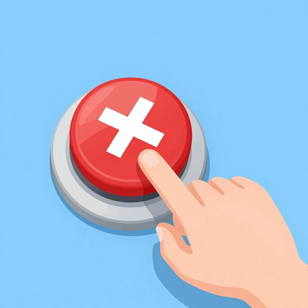 A hand pressing a large red button with a white X on it, stopping a process.