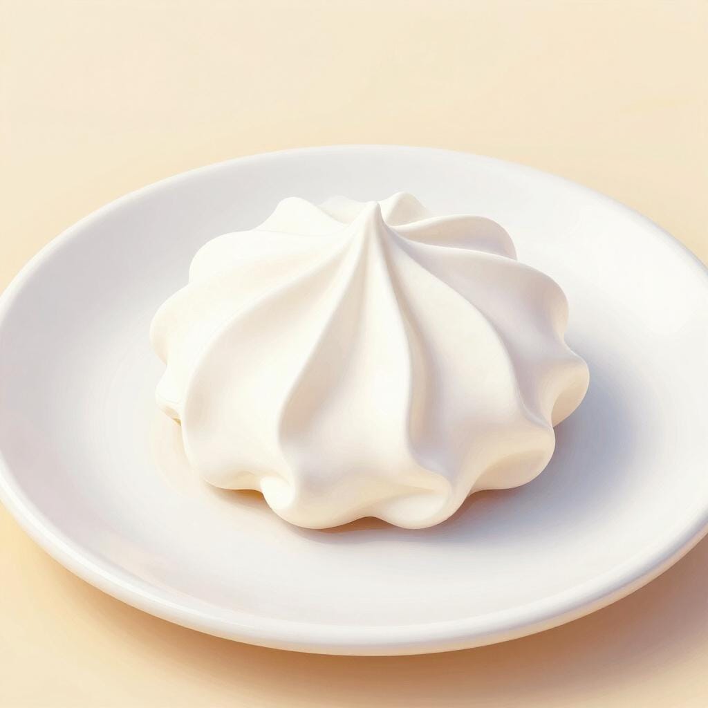 A small, white, swirled meringue cookie sitting on a colorful plate.