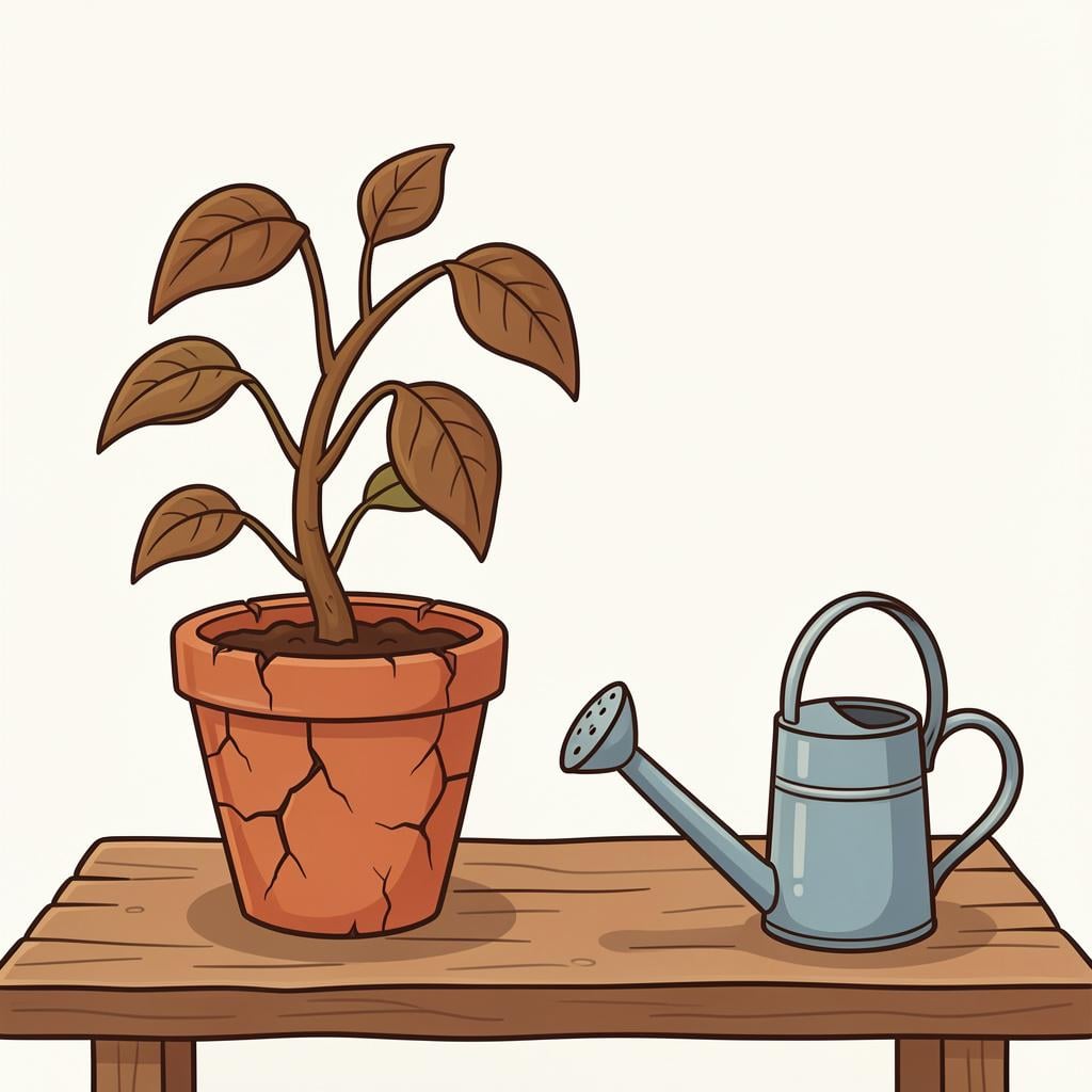 A small potted plant that is wilted and dry sitting on a dusty windowsill.