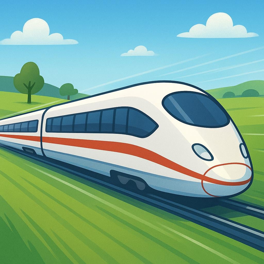 Un treno ad alta velocità bianco e rosso, elegante e aerodinamico, che si muove velocemente su un paesaggio verde.