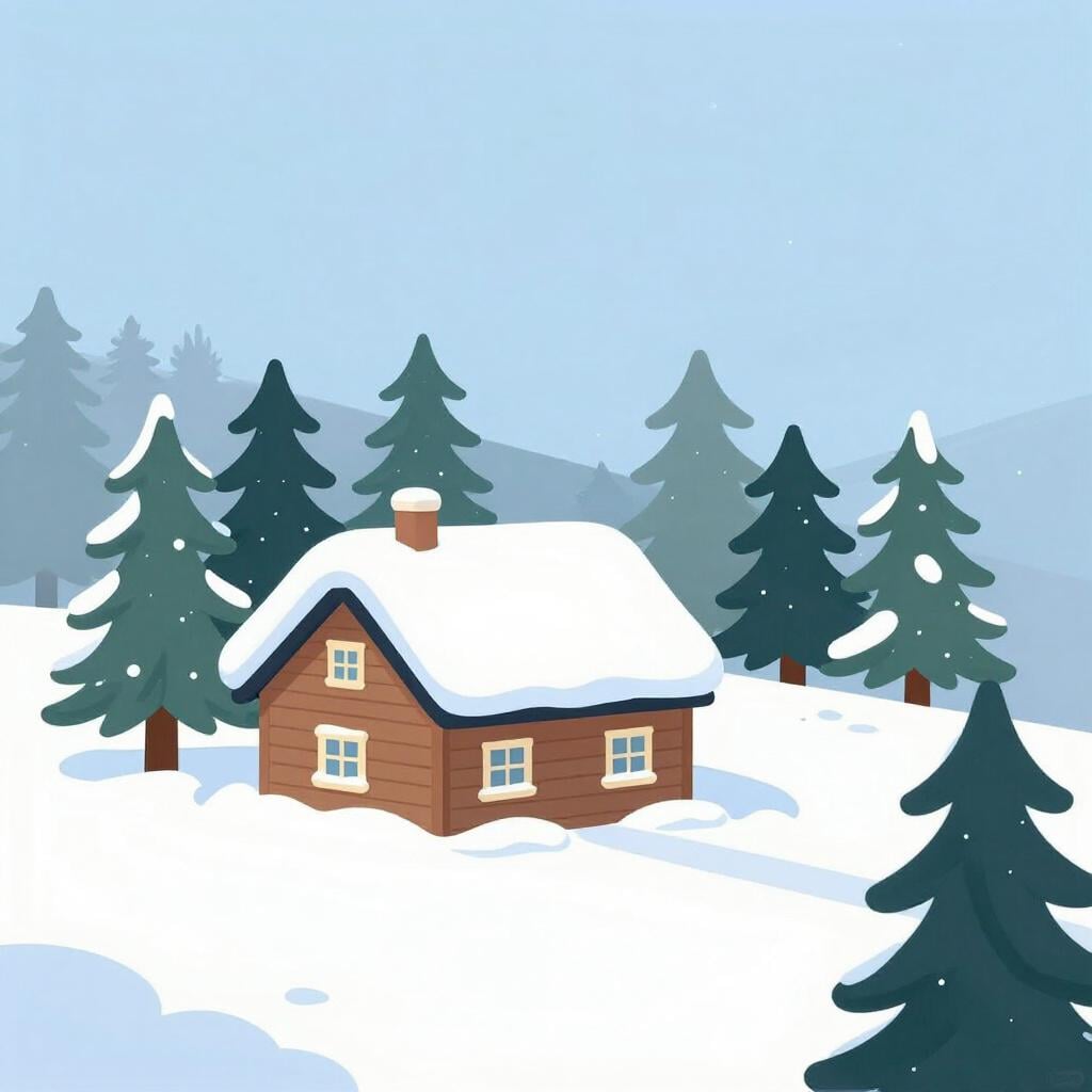 A thick layer of white snow covering a small wooden house and the surrounding trees.