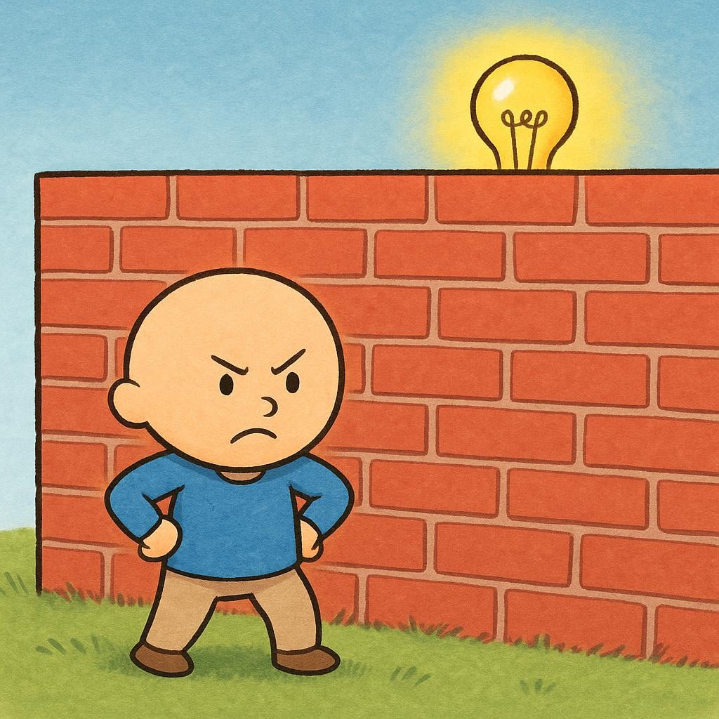 A small person stands frustrated before a tall, solid brick wall that prevents them from reaching a brightly glowing lightbulb floating just beyond the wall, symbolizing a mental block.