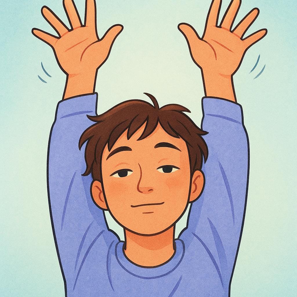 Eine Nahaufnahme der Hände einer Person, die sich über den Kopf streckt, während sich ihre Augen gerade öffnen, was die Handlung des Aufwachens veranschaulicht.