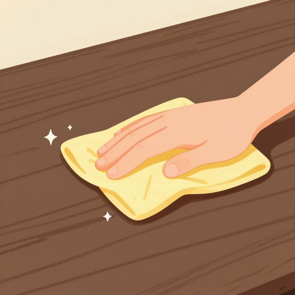 A close-up illustration of a hand using a soft yellow cloth to rub a wooden table surface until it shines.