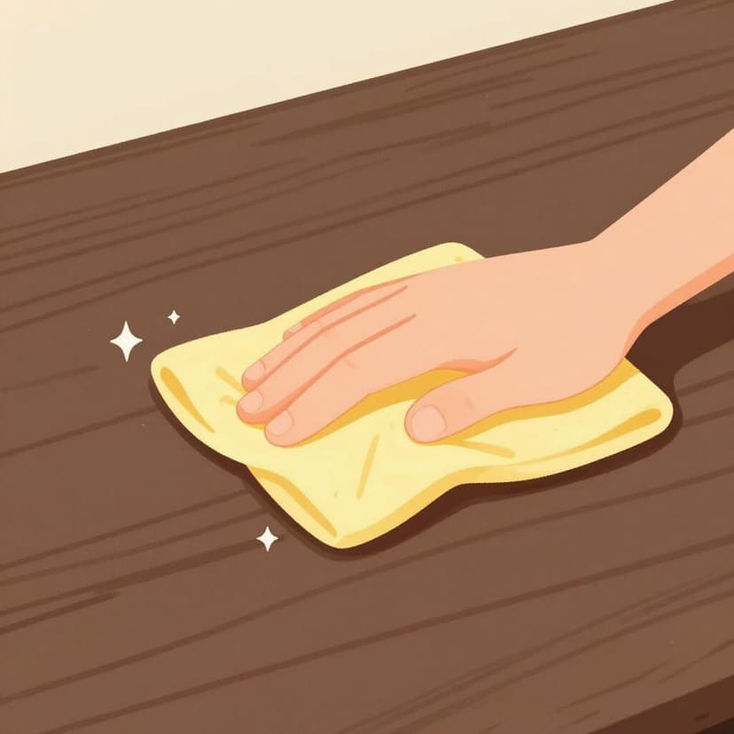 A close-up illustration of a hand using a soft yellow cloth to rub a wooden table surface until it shines.