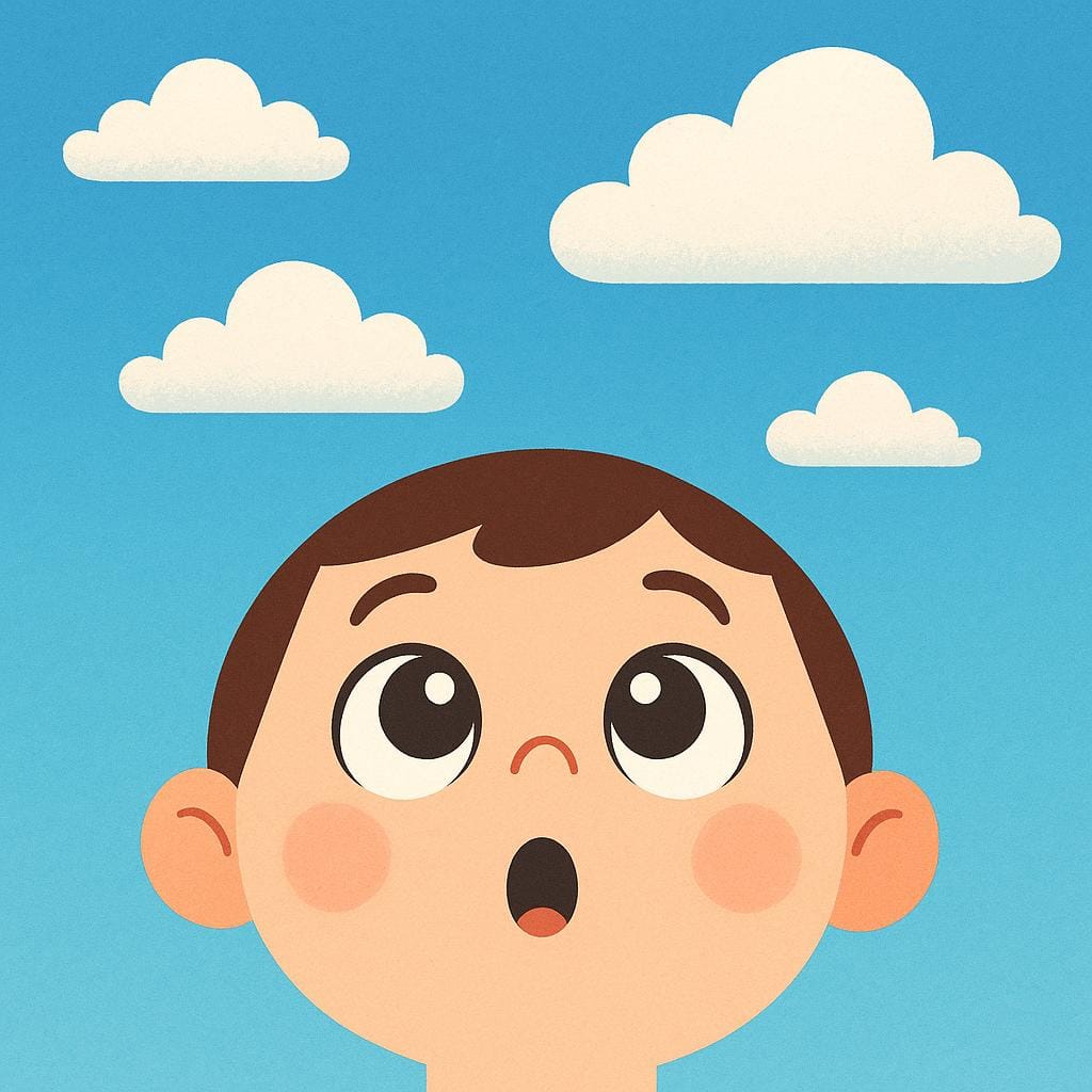 An illustration of a simplistic, expressive face showing wide-eyed surprise and an open mouth, looking up towards fluffy white clouds.