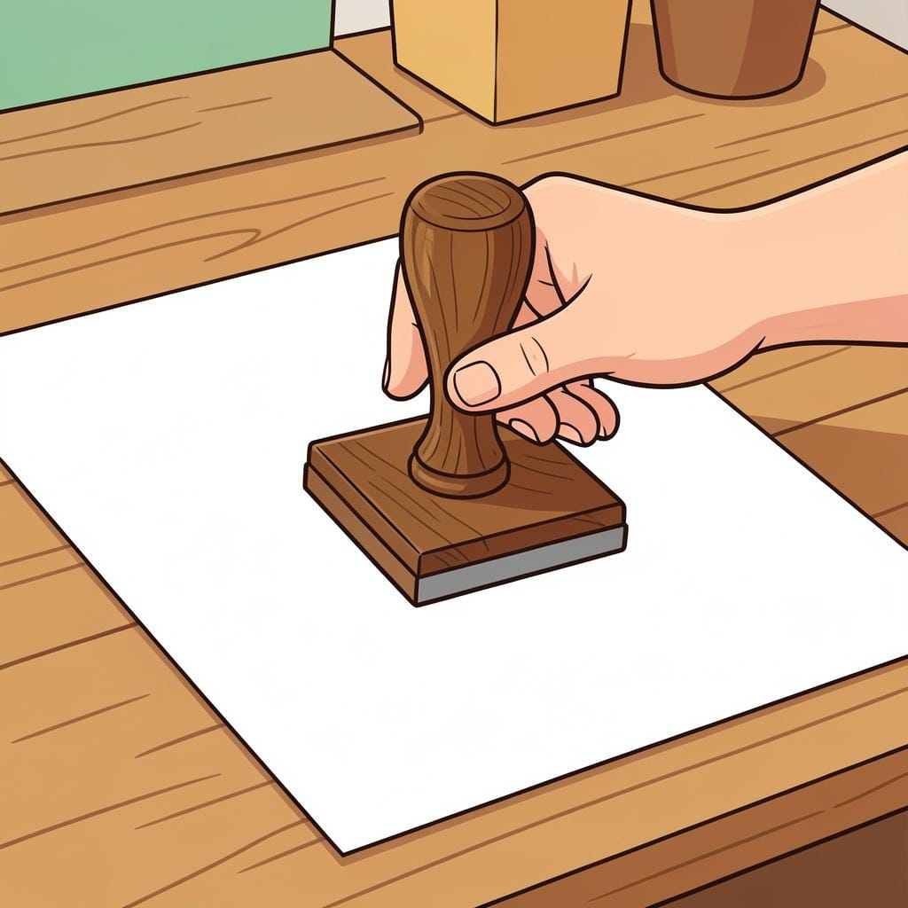A hand holding a wooden stamp and pressing it onto a piece of paper.