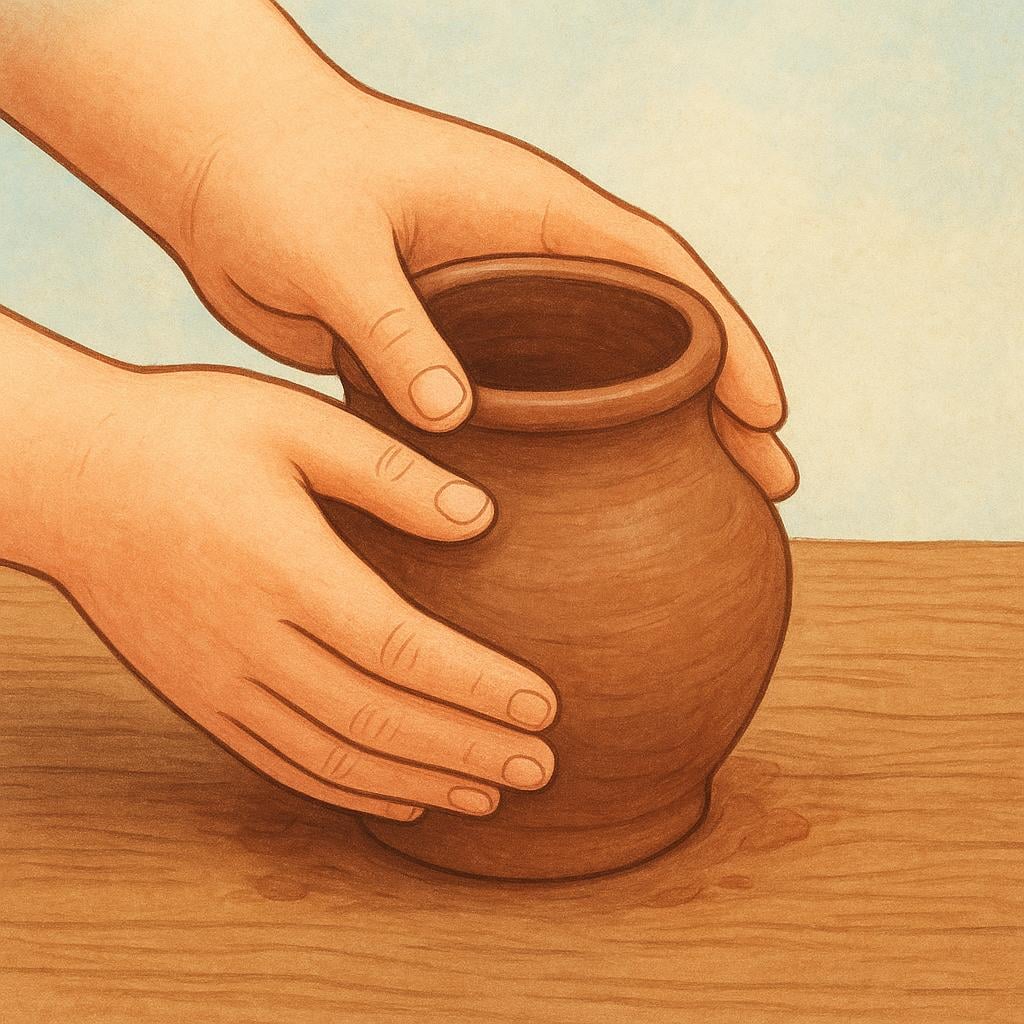 Two hands gently pressing and shaping a lump of soft, brown clay into a simple, recognizable pot on a wooden surface.