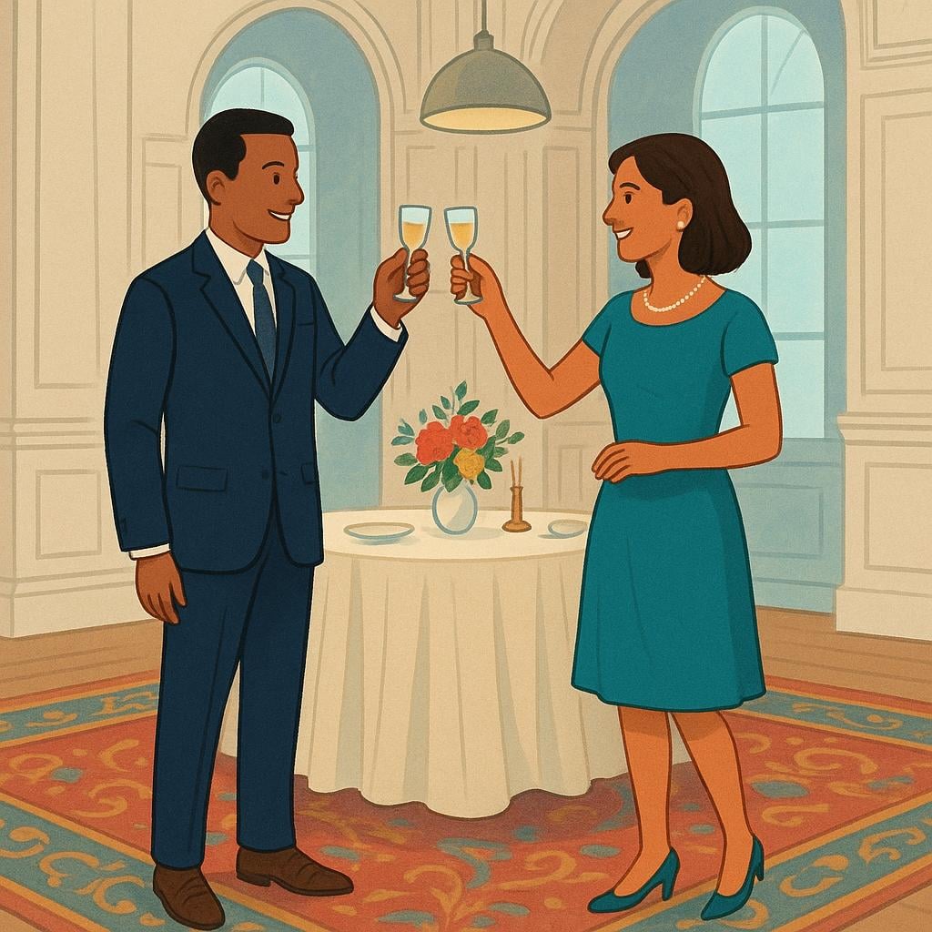 An illustration depicting two people in formal attire smiling and holding glasses at a festive gathering, representing a reception party.