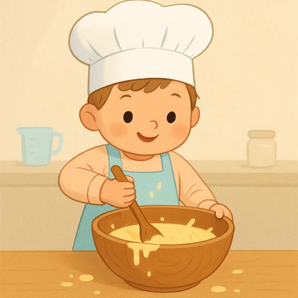 A smiling child wearing a chef's hat and apron is actively stirring cake batter in a large mixing bowl with a wooden spoon, illustrating the continuous action of preparing.