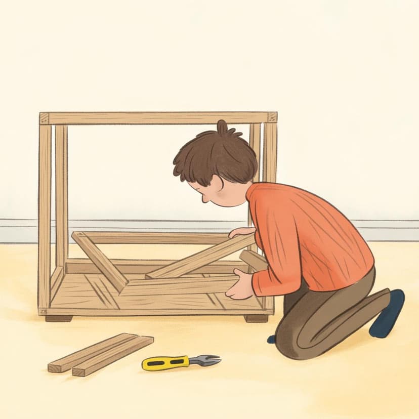 A person assembling a small, flat-pack wooden table, holding a piece in their hands, surrounded by tools and other pieces.