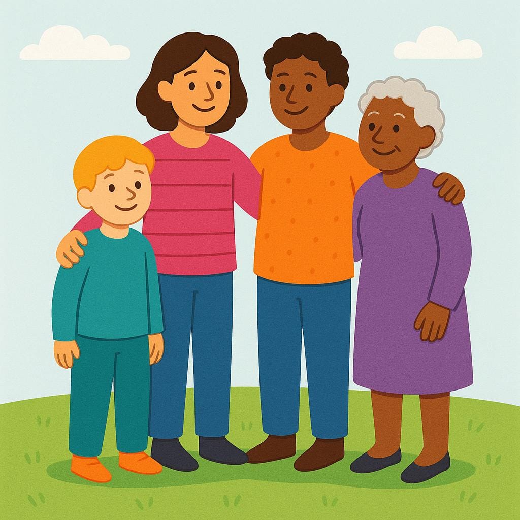 A diverse group of four people (two adults and two children) standing close together in a circle on a green lawn, smiling and holding hands, symbolizing unity and community.