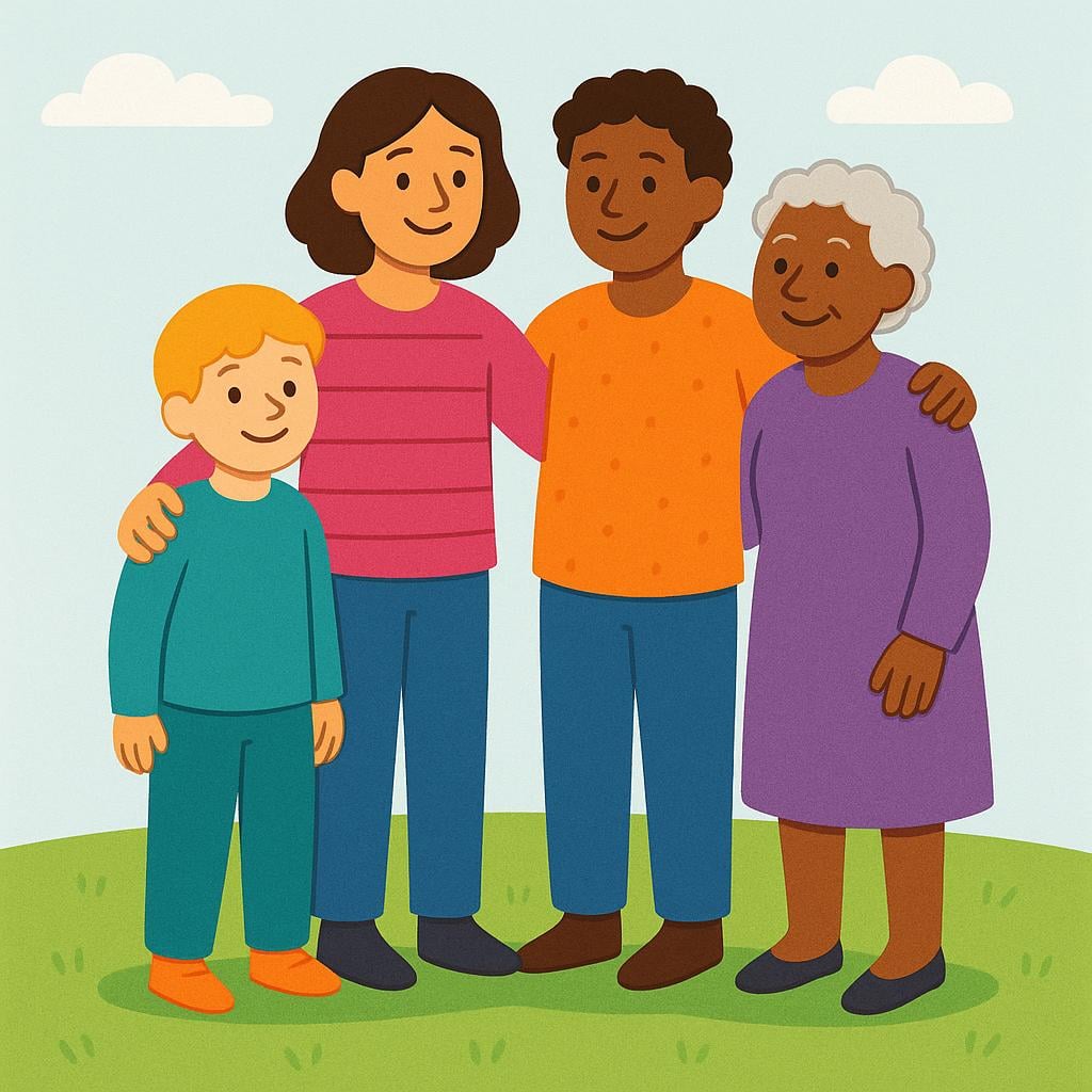 A diverse group of four people (two adults and two children) standing close together in a circle on a green lawn, smiling and holding hands, symbolizing unity and community.